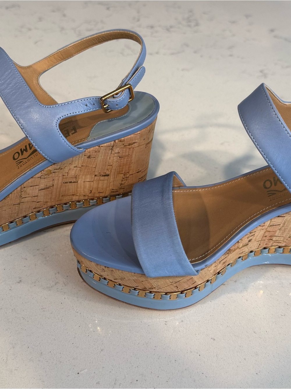Salvatore Ferragamo Light Blue Cork Wedge Sandals